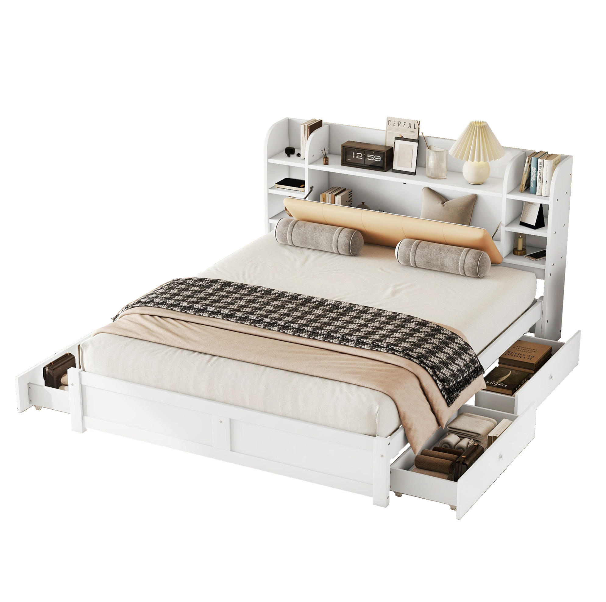 BETT 180/200 cm mit aufklappbarem Kopfteil, 4 Schubladen und Stauraum aus Kiefern, Weiß - Weiß, Holzwerkstoff (180/200cm) - Redom
