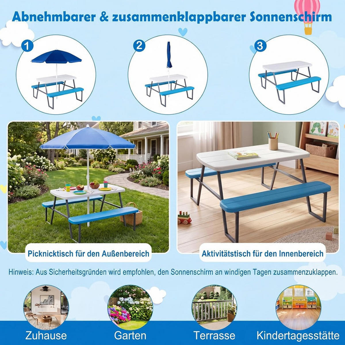 KINDERSITZGARNITUR mit Sonnenschirm blau - Blau, Kunststoff - COSTWAY