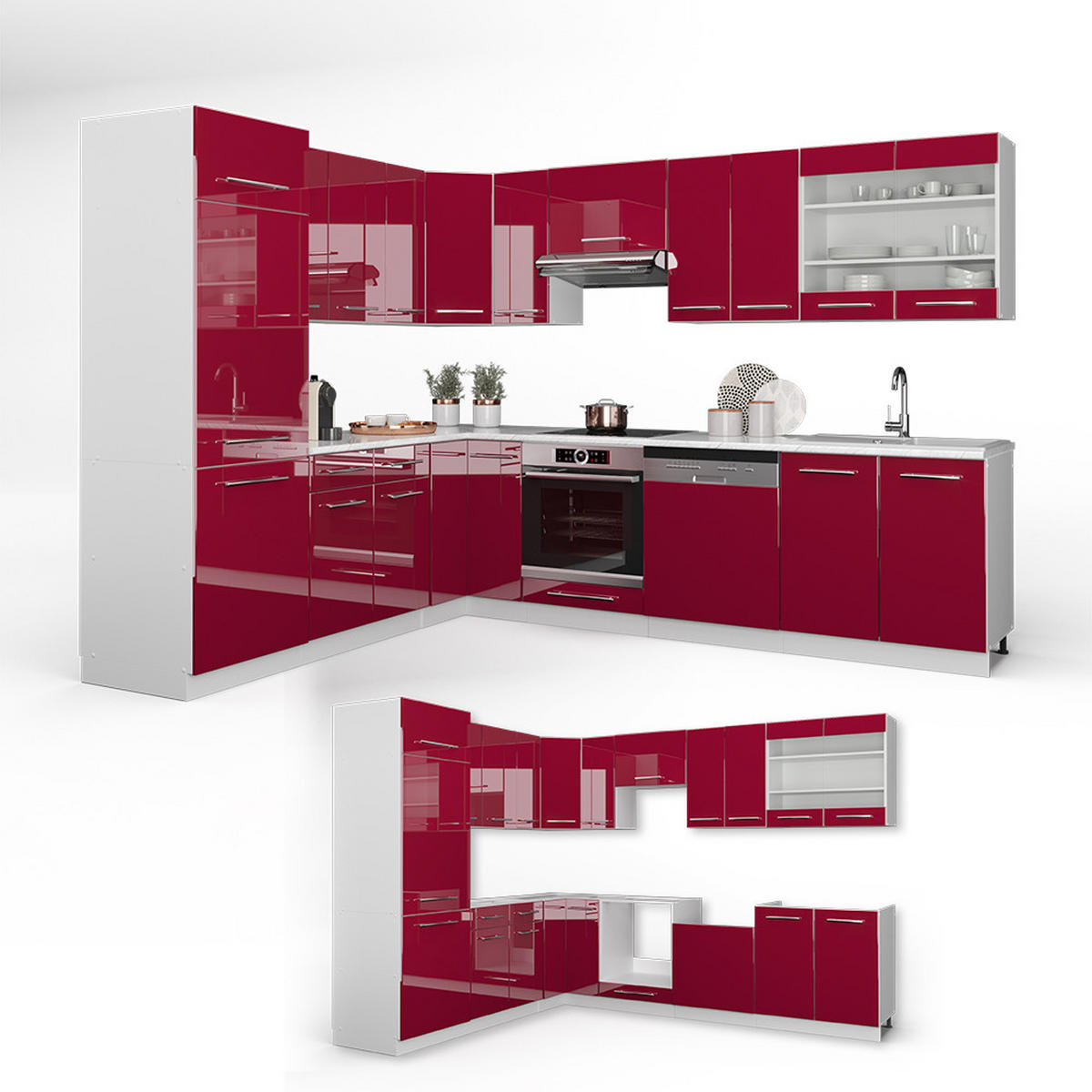 ECKKÜCHE Fame-Line Bordeaux Hochglanz/Weiß 227 x 60 cm ohne AP - Bordeaux/Weiß, Holzwerkstoff (287/81.6/46cm) - Vicco