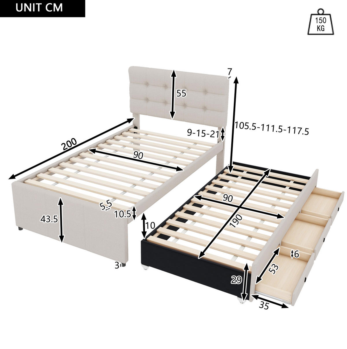POLSTERBETT aus Leinen und MDF 90x200 cm Beige mit Ausziehbett, 3 Schubladen und verstellbarem Kopfteil - Beige, Textil (90/200cm) - IVMEU