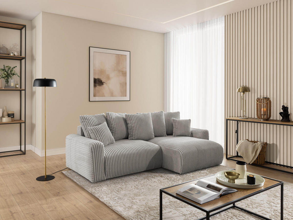 ECKSOFA Calma mit Schlaffunktion und Bettkasten im Bumpy-Design aus weichem Taupe Plüschcord - Ottomane rechts - Taupe/Schwarz, Holz/Kunststoff (140/239cm) - S-Style