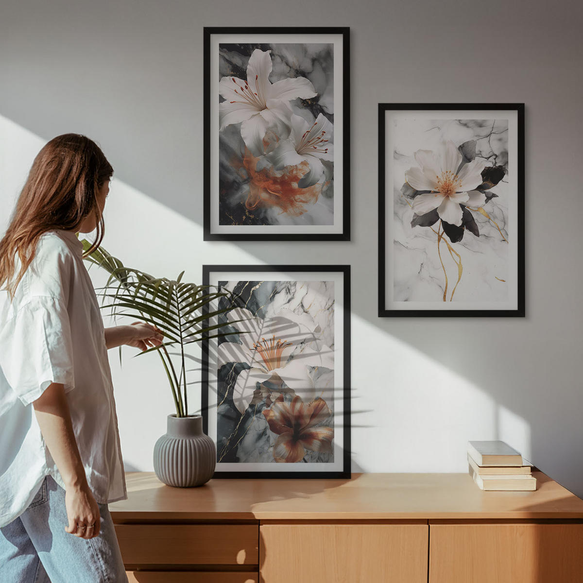 WANDBILDER 3er-Set - 40x60 cm Schwarzer Rahmen - Blumen Marmor weiß schwarz - Schwarz, Kunststoff (40/60cm) - ArtPrintCave