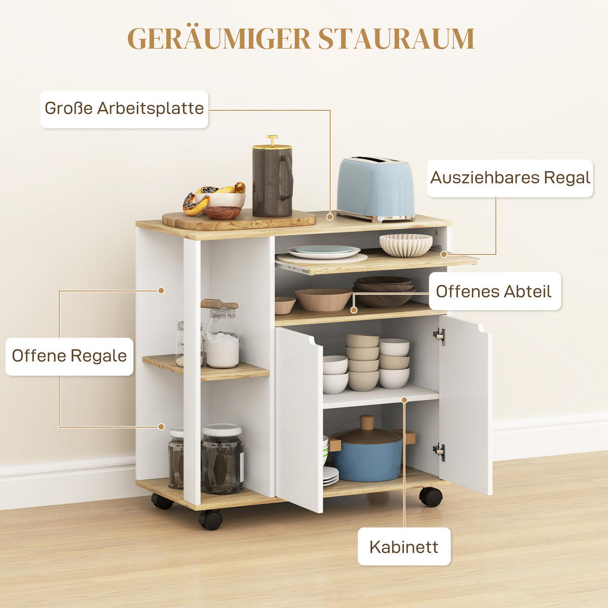 KÜCHENWAGEN mit Schrank, 80 x 40 x 82 cm, Weiß - Multicolor, Holzwerkstoff (80/82/40cm) - HOMCOM