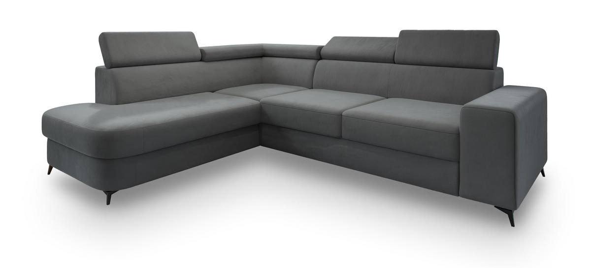 ECKSOFA ALVORO L-S Grau Velours-Stoff mit Schlaffunktion - Grau, Holz (253/190cm) - MASSENO