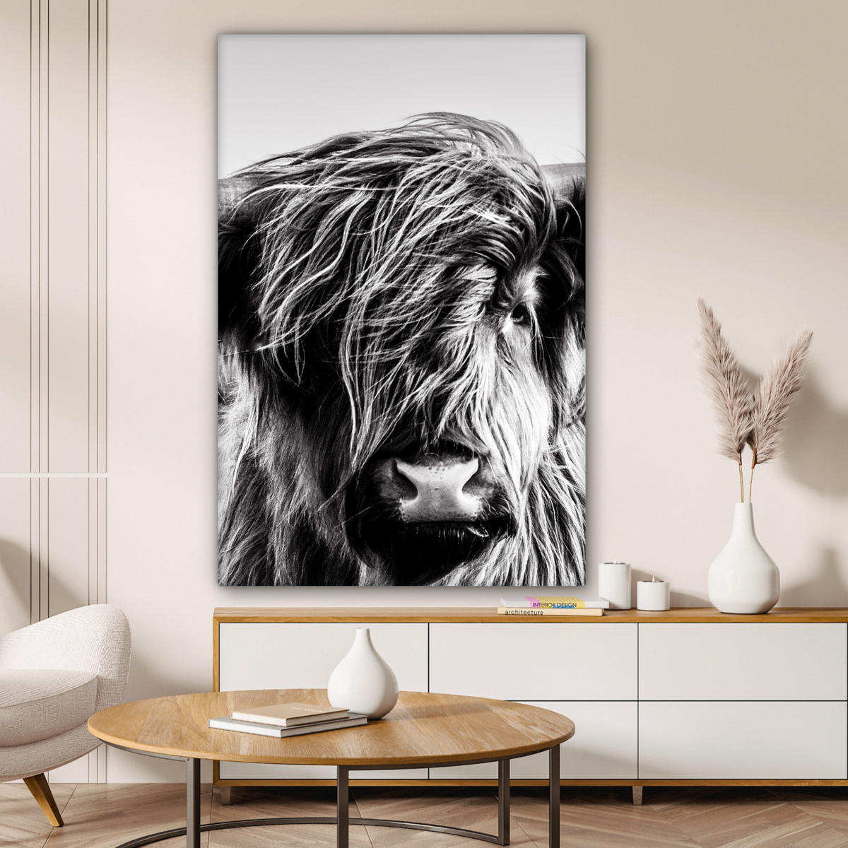 OBRAZ NA PLÁTNĚ Kráva - Skotský horal - Černá - Bílá - Zvíře - Příroda - Divoká zvěř 80x120 cm - černá, textil (80/120cm) - MuchoWow