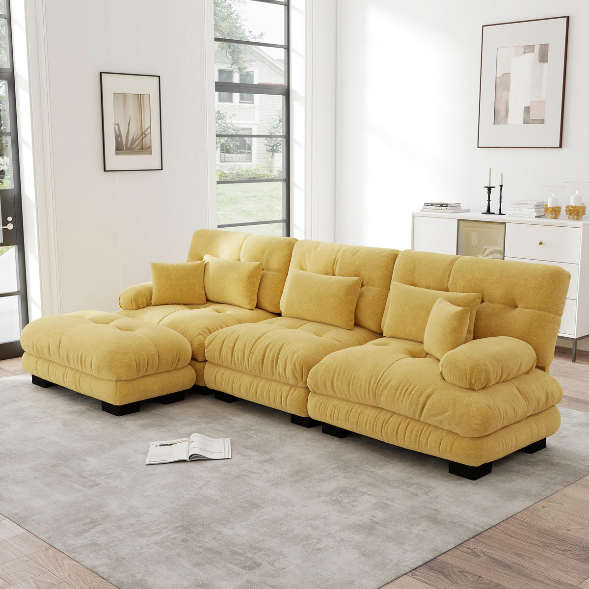 ECKSOFA Chenille Gelb mit Ottomane und Kissen - Gelb, Textil (313/145cm) - WISHDOR