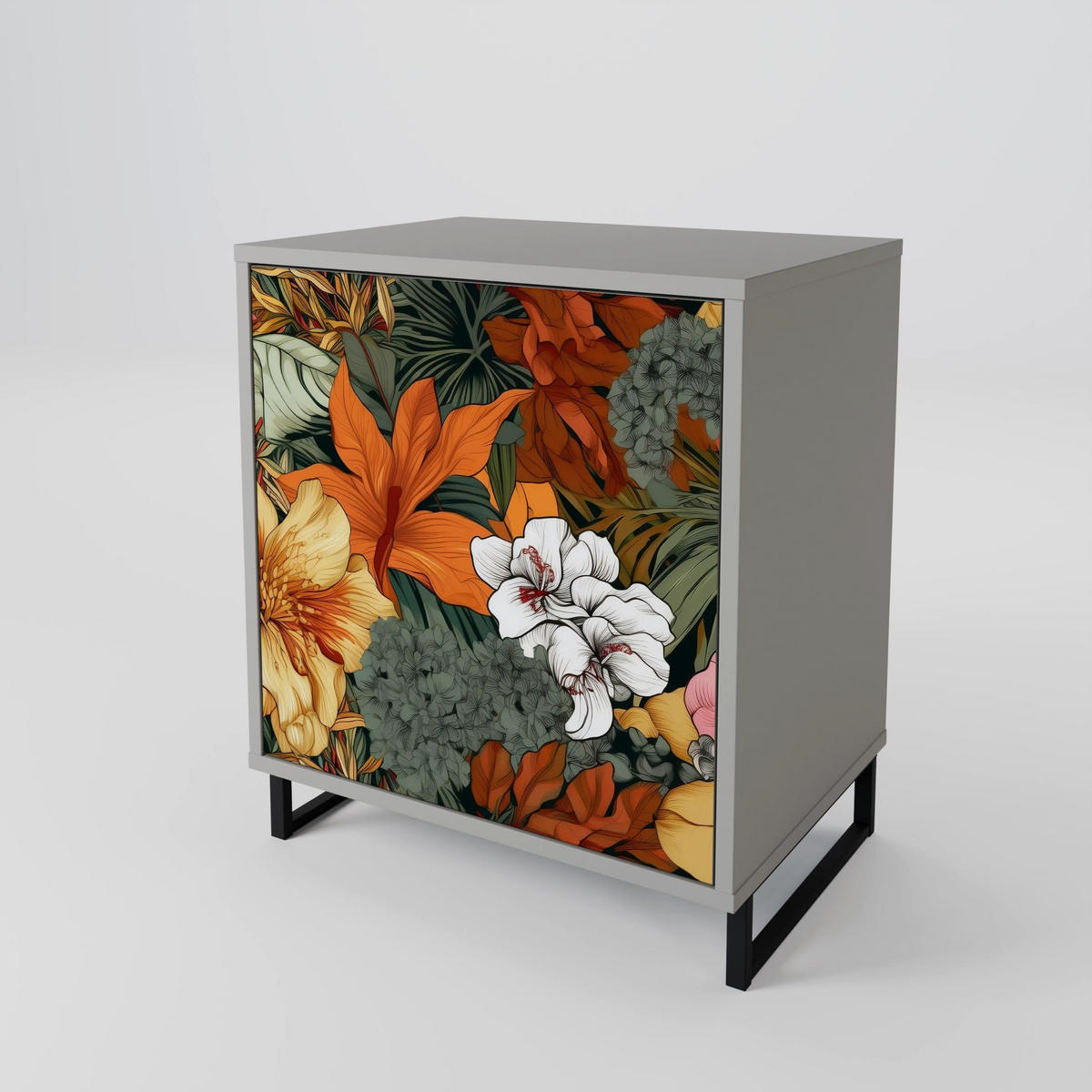 SIDEBOARD RADIANT FLORA, Grau, 57,5x42x70,5 cm, Schwarze Metall-Sternfüße - Multicolor/Schwarz, Holzwerkstoff/Metall (57.5/70.5/42cm) - SpaceRebels