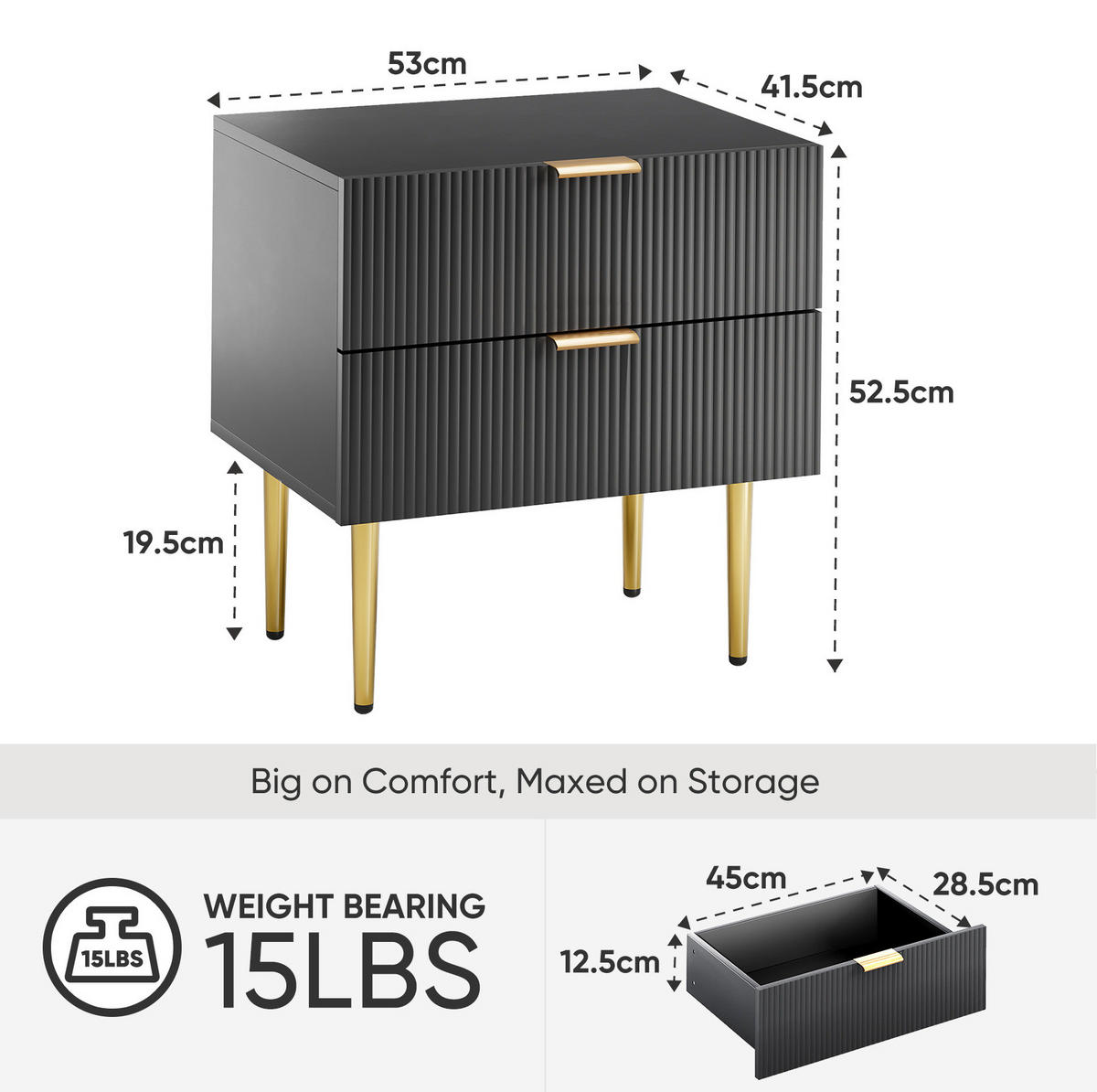 NACHTTISCH aus MDF und Metall 53x41x53 cm Schwarz mit 2 Schubladen und Rillenfront - Schwarz, Holzwerkstoff (53/53/41.3cm) - Modfu