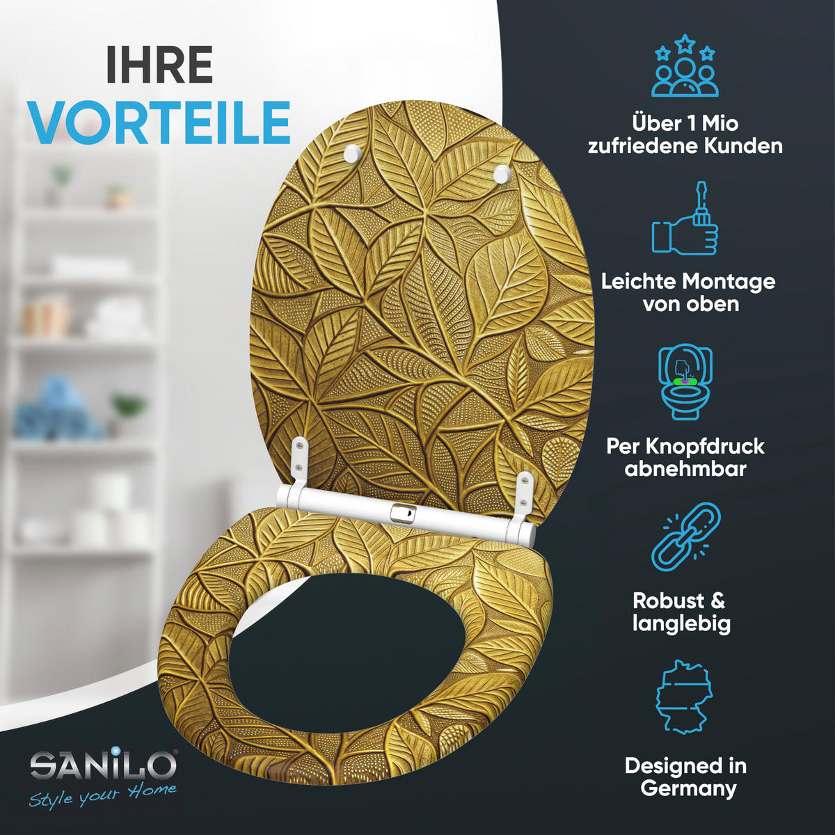 WC-SITZ mit Absenkautomatik & Top Fix Bractea - Goldfarben, Holzwerkstoff (37.7/5.5/48cm) - Sanilo