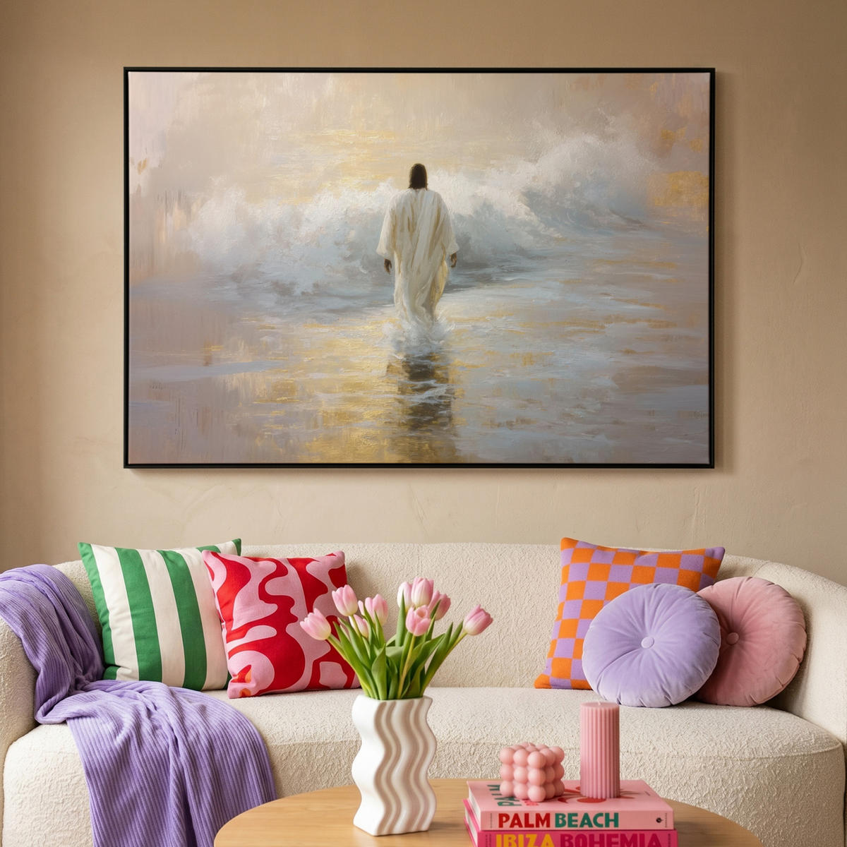 LEINWAND Bilder mit Rahmen - Gemälde - Welle - Jesus - Abstrakt - 140x90 - Goldfarben, Textil (140/90cm) - MuchoWow
