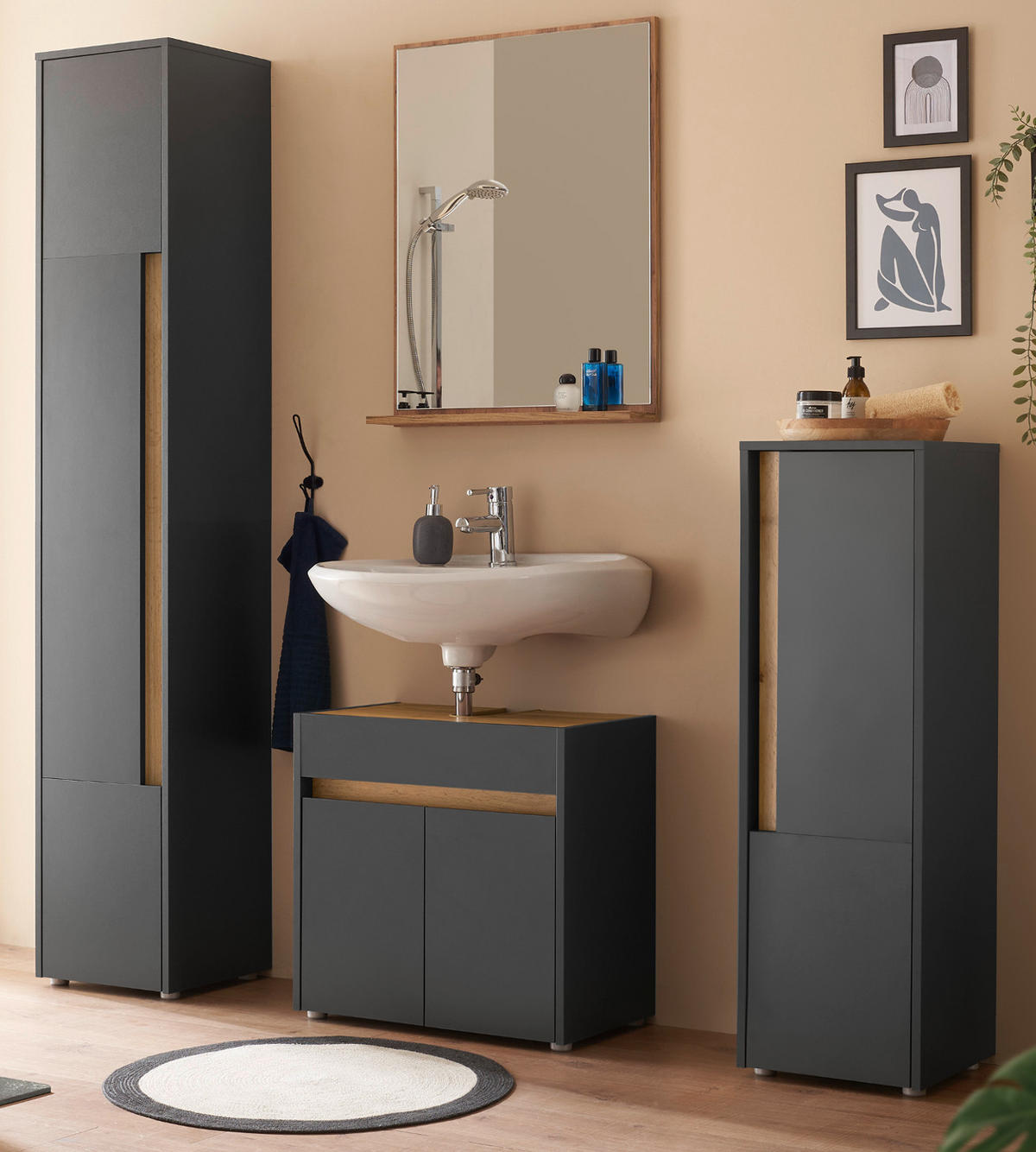 BADMÖBEL-SET 4-teilig grau matt, Wotan Eiche, Badkombination 168 cm - Eiche Wotan/Schwarz, Glas/Holzwerkstoff (171/200/34cm) - Furn.Design