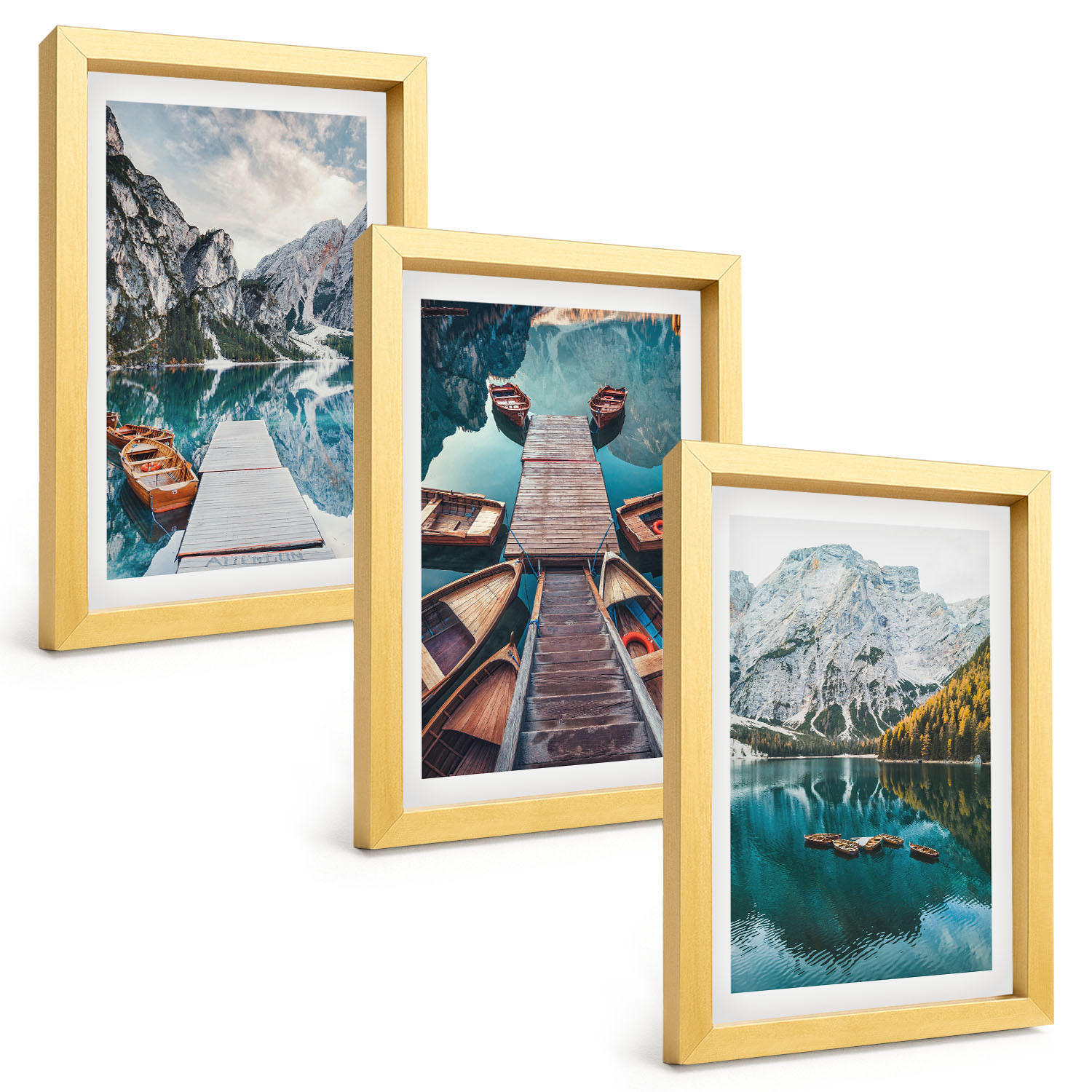 BILDER SET 3er Set - 20x30 cm Goldrahmen - See, Brücken, Berge - Goldfarben, Kunststoff (20/30cm) - TULUP