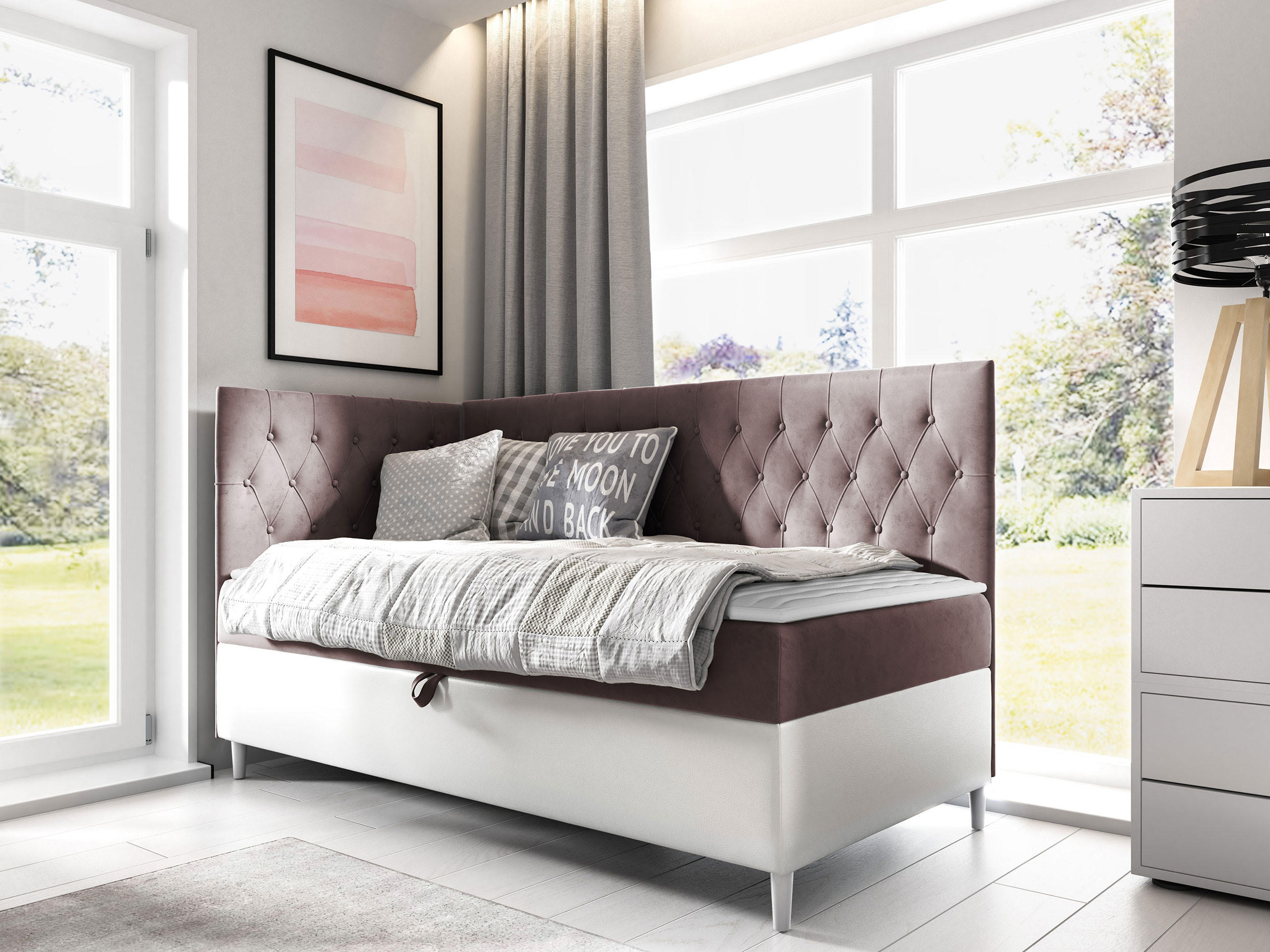 BOXBETT Filip Junior 3, Seite zum Öffnen des Bettkastens: Links - Weiß/Rosa, Holz (100/200cm) - MIRJAN24