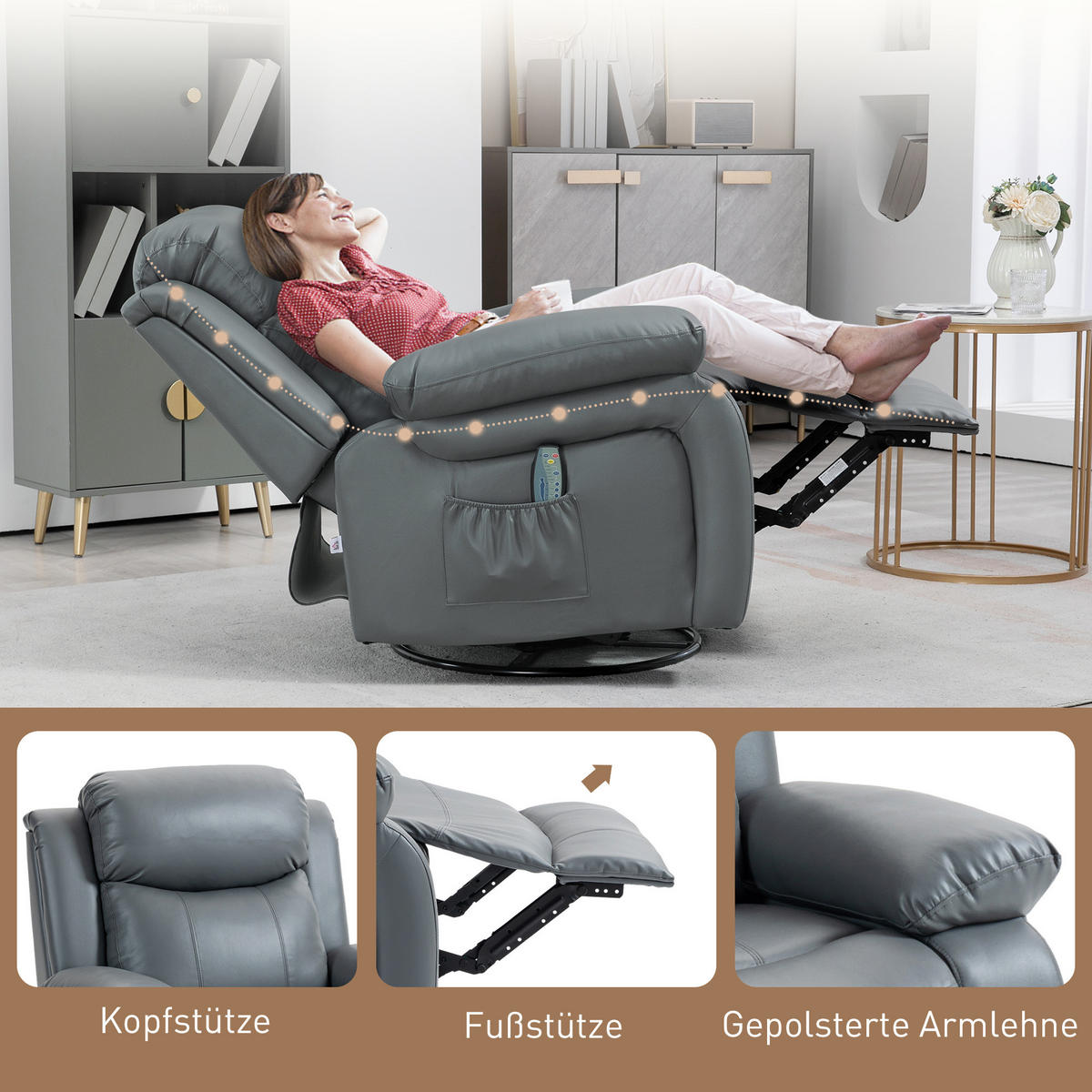 MASSAGESESSEL Drehbarer Relaxsessel mit 8 Vibrationsköpfen Liegefunktion Grau - Schwarz/Grau, Leder/Metall (90/101/93cm) - HOMCOM