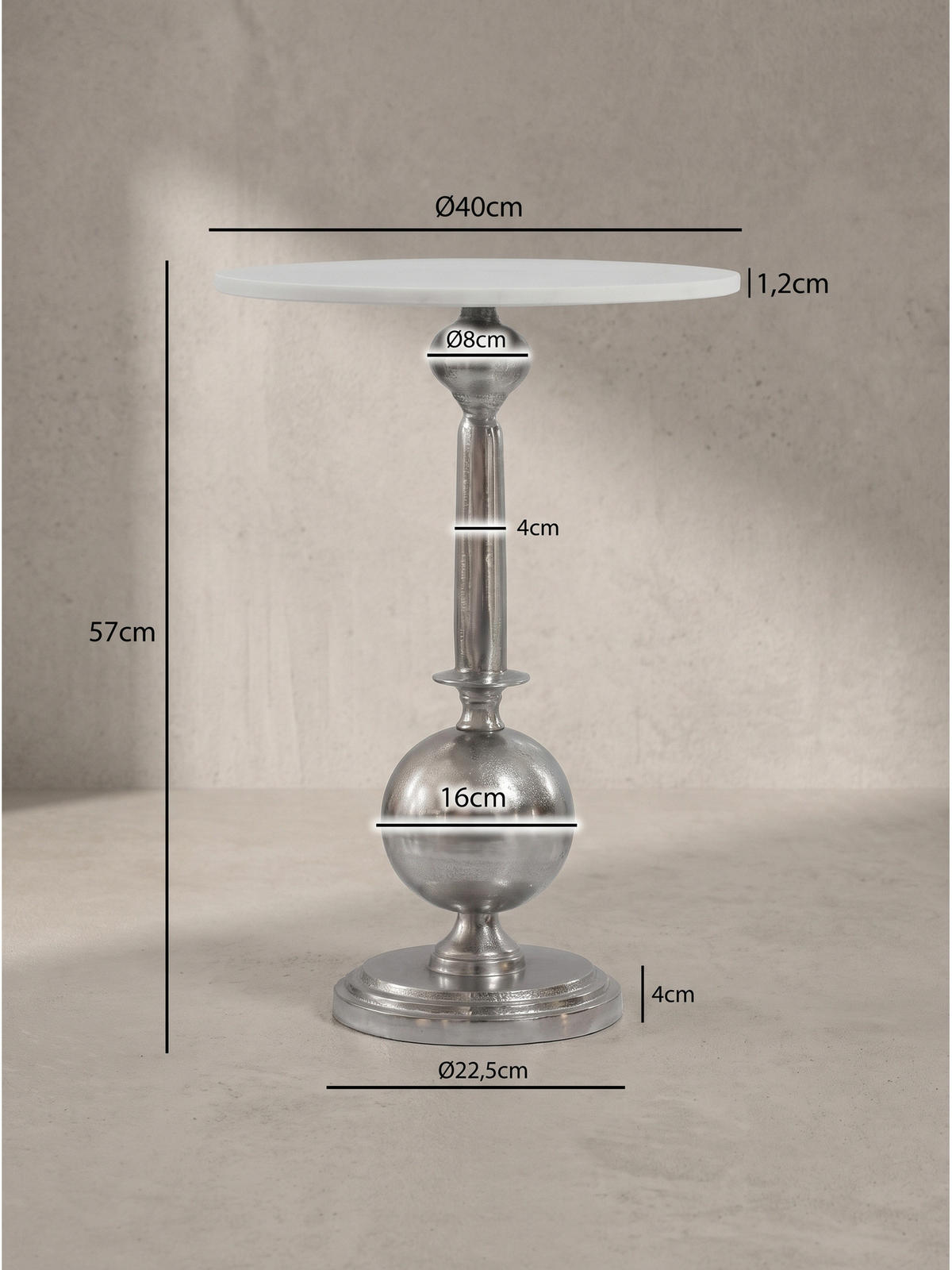 BEISTELLTISCH SARNANO, Marmor, Silber-Weiß, Ø 40 x 57 cm - Silberfarben, Stein/Metall (40/40/57cm) - KADIMA DESIGN