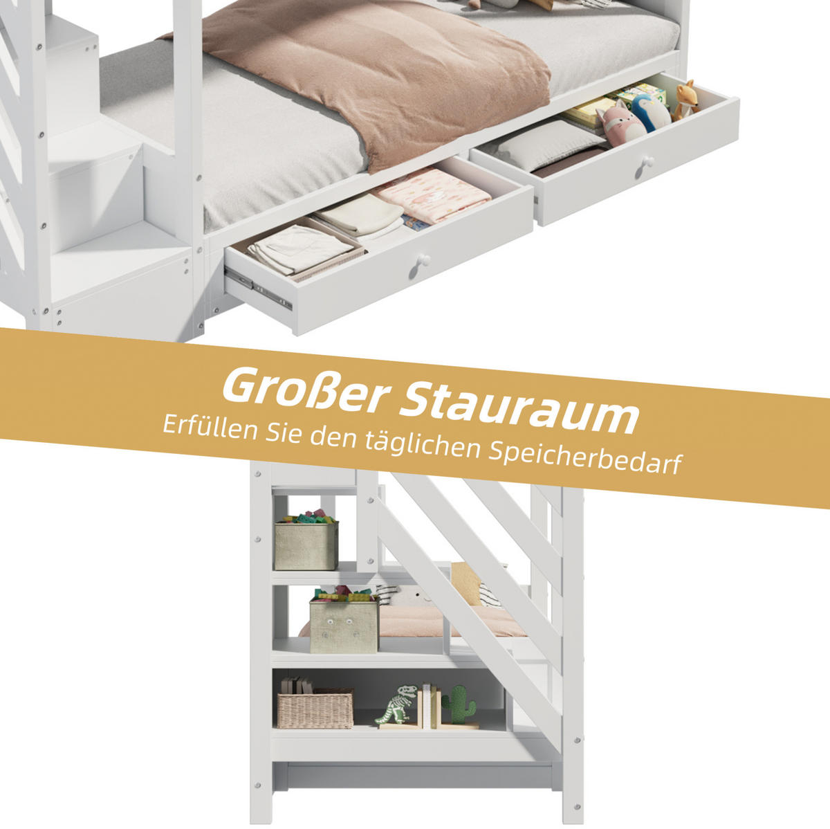 ETAGENBETT 90/200 cm aus Massivholz mit Schubladen, Weiß - Weiß, Holz (90/200cm) - OKMYHOME