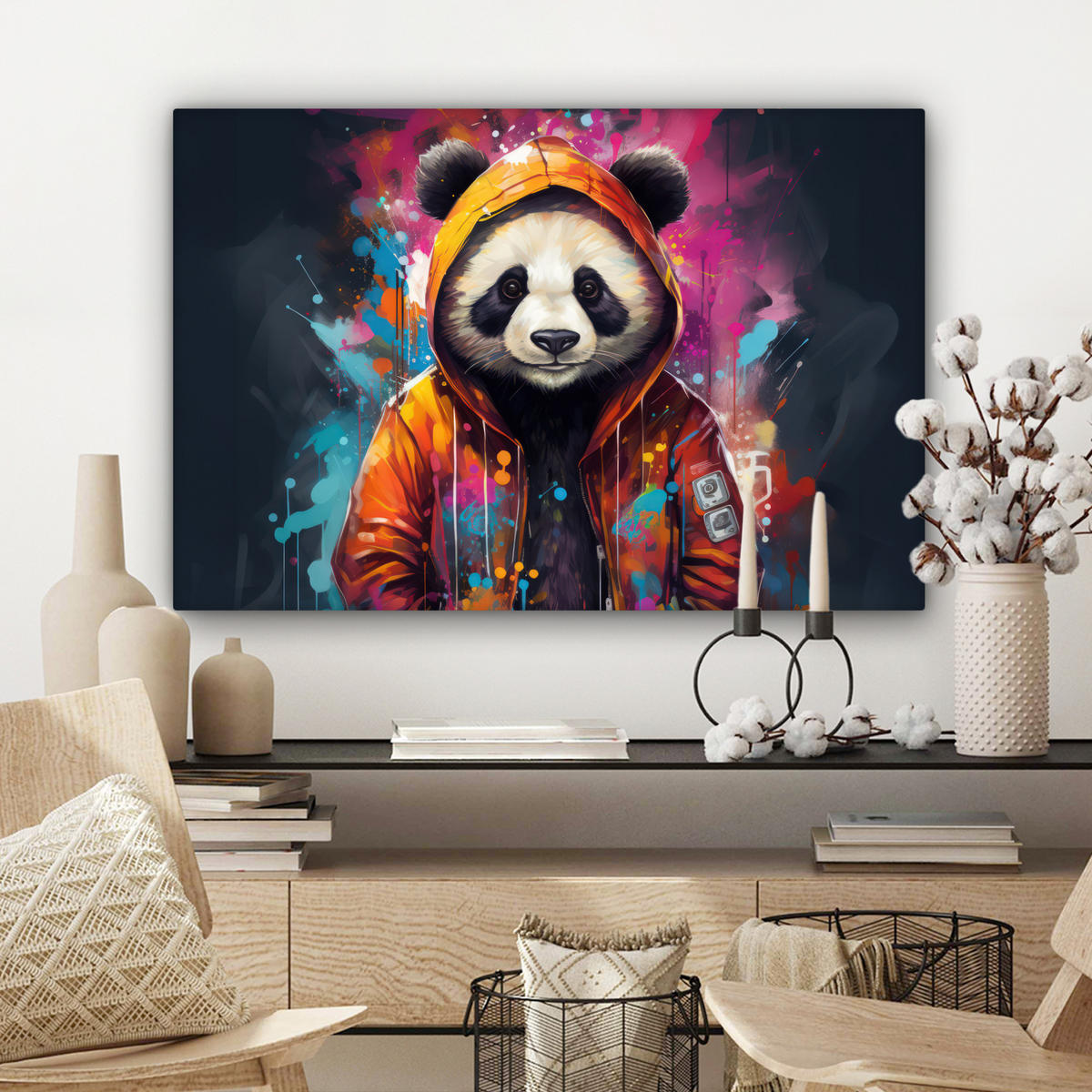 LEINWANDBILD Panda - Jacke - Graffiti - Orange Wanddeko 90x60 cm - Orange, Textil (90/60cm) - MuchoWow
