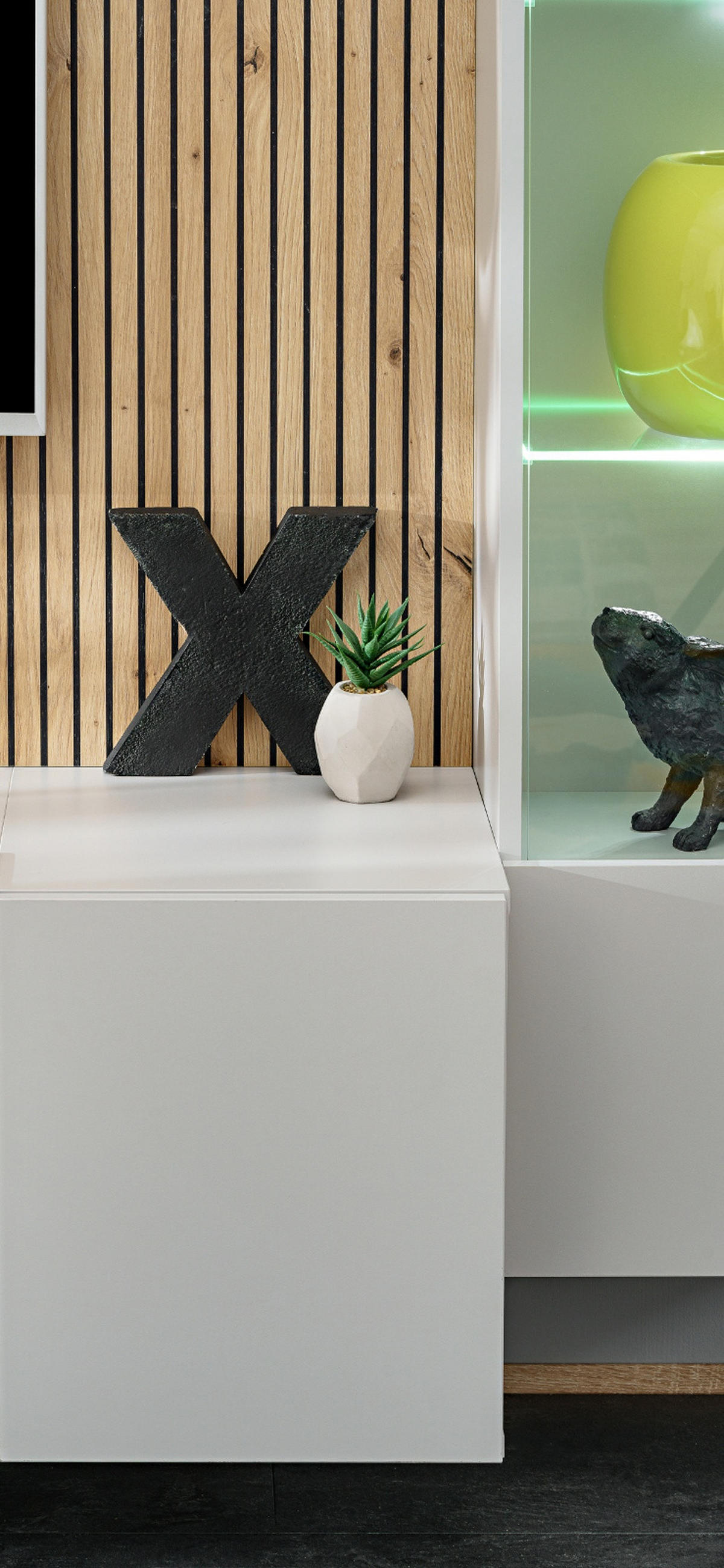 WOHNWAND hellgrau, Eiche Artisan 200 cm, Schrankwand inklusive Beleuchtung und Push-to-Open - Hellgrau/Eiche Artisan, Glas/Holzwerkstoff (200/148/35cm) - Inn.Furn