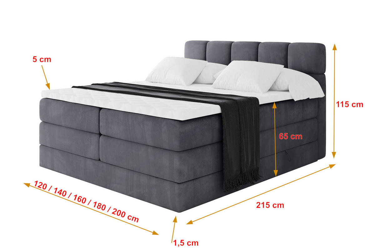 BOXBETT mit Matratze H3/H4 - FAMA KING - 160x200 cm Dunkelgrau Casablanca - Dunkelgrau, Holzwerkstoff (160/200cm) - ALTDECOR
