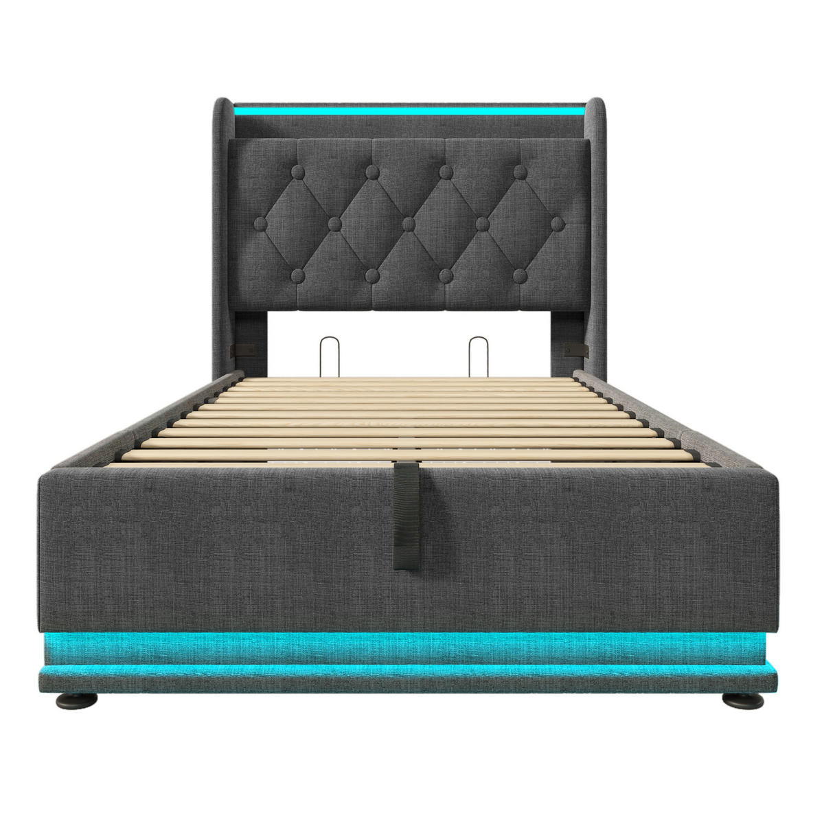 POLSTERBETT aus Leinen 90x200 cm in Grau mit LED & USB Typ-C - Grau, Textil (90/200cm) - Modfu
