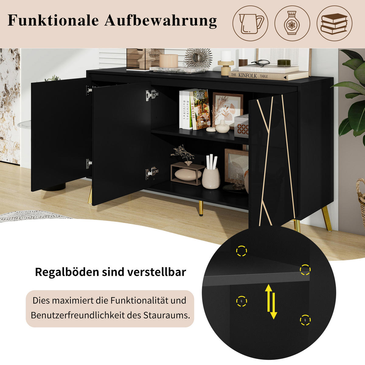 SIDEBOARD Schwarz Gold - Schwarz, Holzwerkstoff (140/80/40cm) - Urban Meuble