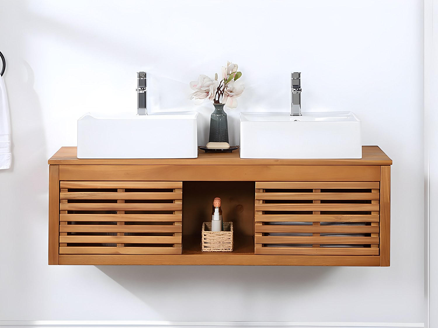 DOPPELWASCHTISCH - 130 cm x 50 cm - Keramik, Holz, Platte - Naturfarben Dunkel - PENEBEL - Naturfarben, Keramik/Holz (130/40/50cm) - Vente-Unique