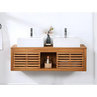 DOPPELWASCHTISCH - 130 cm x 50 cm - Keramik, Holz, Platte - Naturfarben Dunkel - PENEBEL - Naturfarben, Keramik/Holz (130/40/50cm) - Vente-Unique