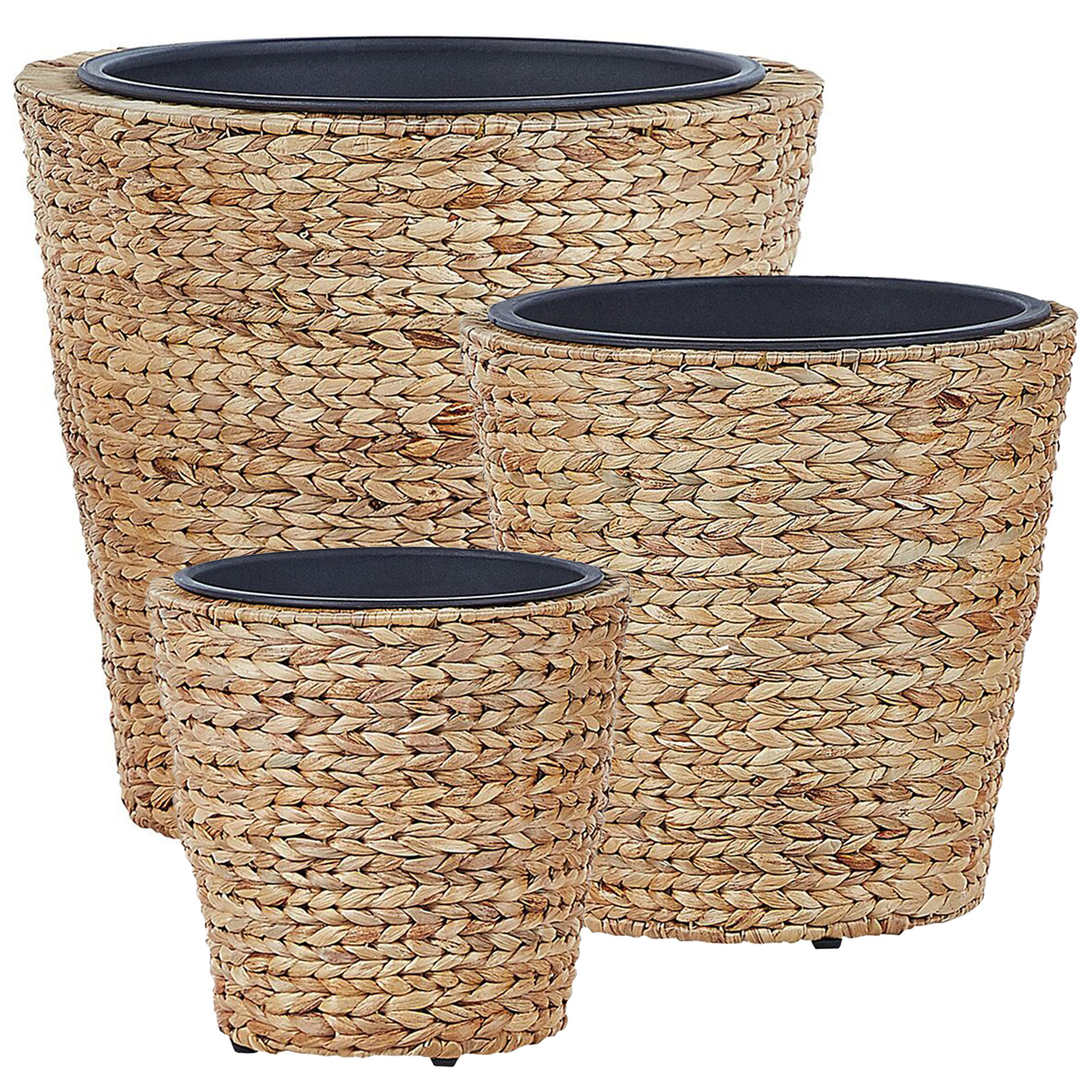 BLUMENTOPF 3er-Set Wasserhyazinthe natürlich rund 49-35/37-26/29-21 cm Plaka - Beige/Schwarz, Naturmaterialien (47cm) - Beliani