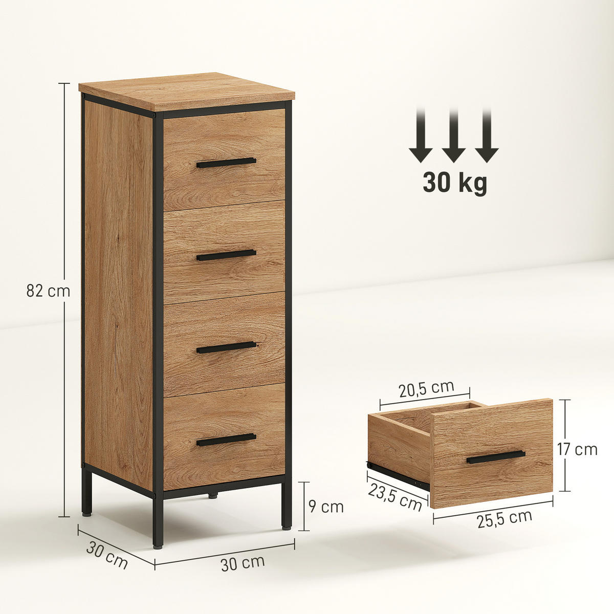BADSCHRANK Eichefarben und Schwarz 30/30/82 cm - Eichefarben, Holzwerkstoff (30/82/30cm) - PANGIVO