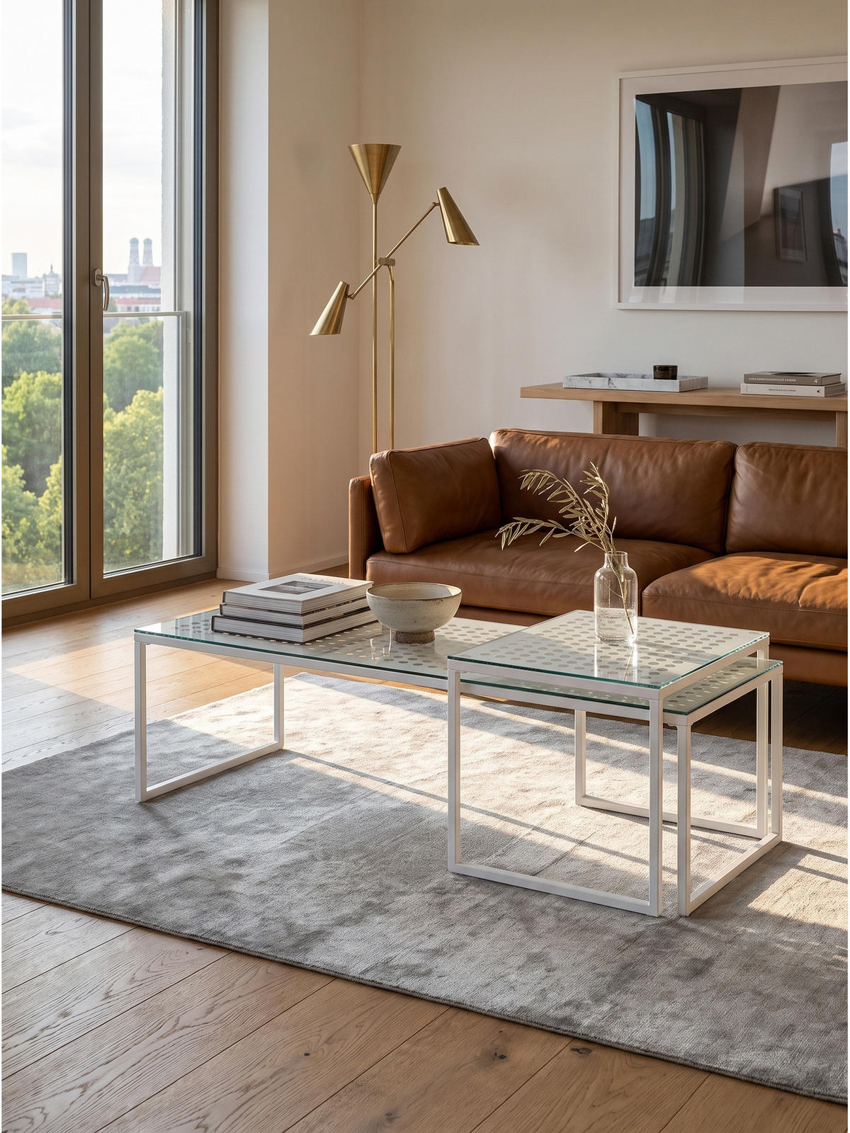 SOFATISCHE 2er-Set ALCUDIA, Einscheibensicherheitsglas, Weiß, 100 x 40 x 35 cm - Weiß, Glas/Metall (40/100/35cm) - KADIMA DESIGN