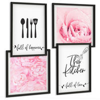 BILDER SET 4er Set - 50x50 cm & 40x60 cm Schwarzer Rahmen - Zarte Rosenblüten für die Küche - Schwarz, Kunststoff (50/50cm) - TULUP