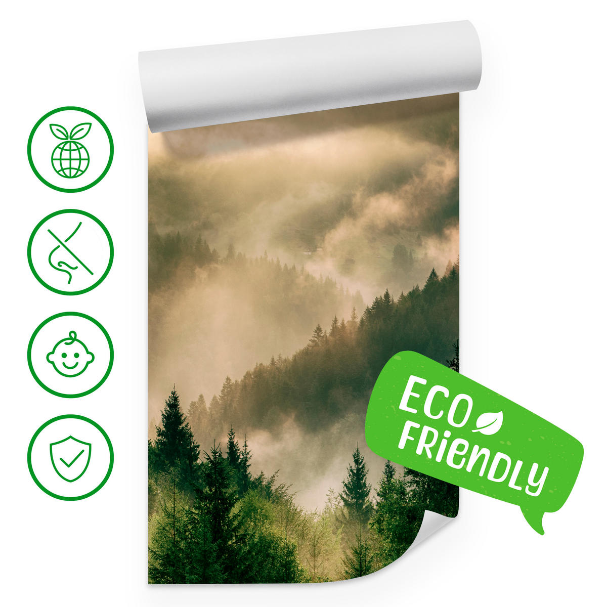 FOTOTAPETE für Wohnzimmer Neblige Landschaft Bergwald Nadelbäume 400x280 - Gelb/Orange, Papier (400/280cm) - Muralo