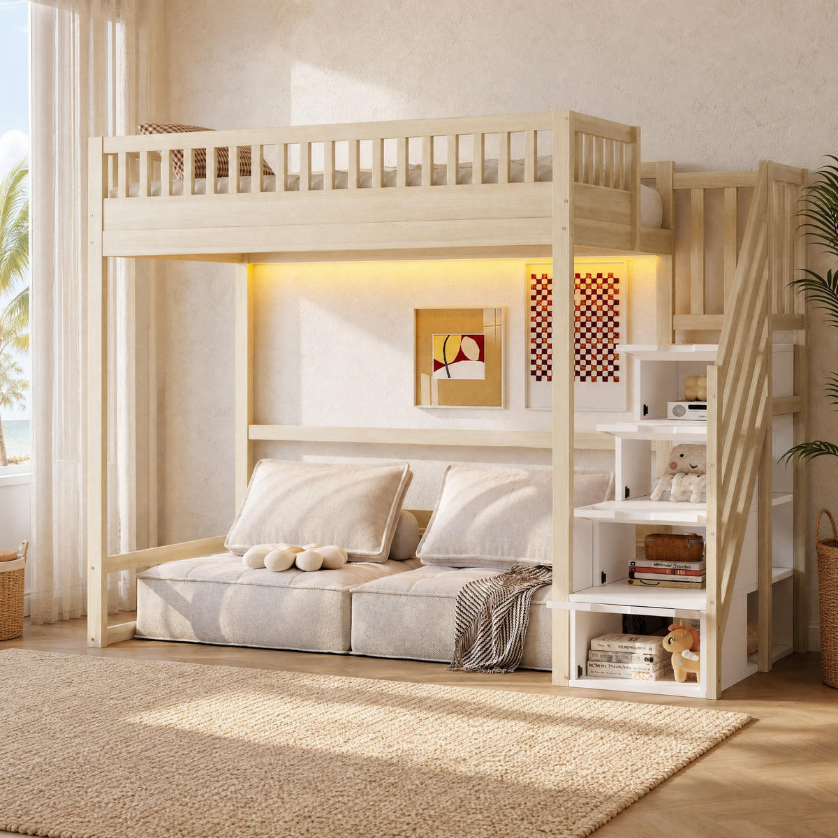 HOCHBETT 90/200 mit LED, Stauraumtreppe und Sicherheitsgeländern in Holzfarbe - Naturfarben, Holzwerkstoff (90/200cm) - EVRYAE