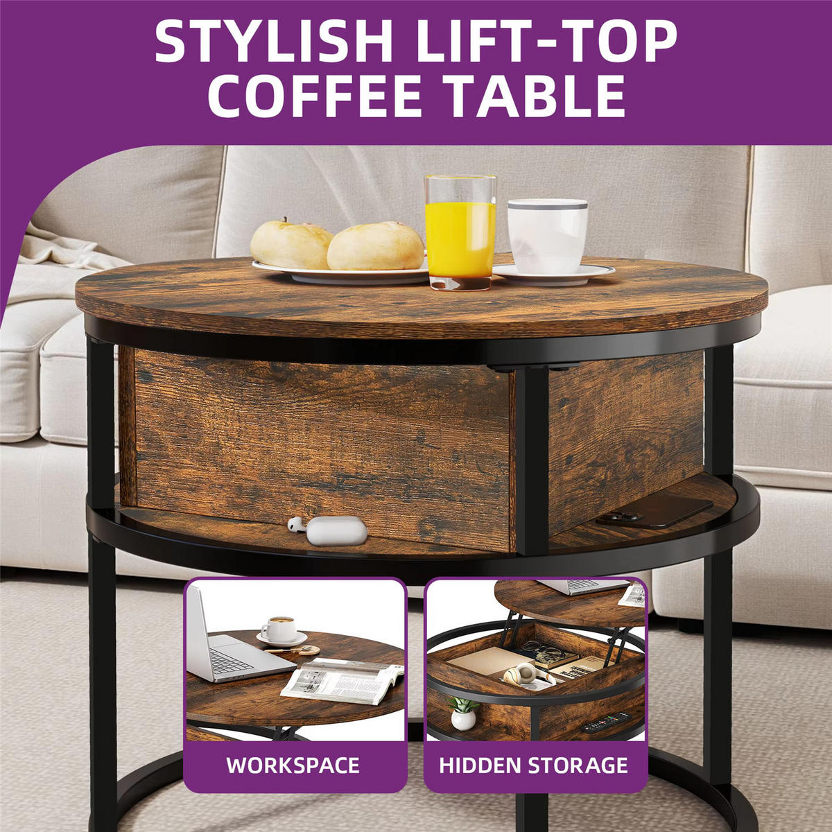 COUCHTISCH rund 60x60x47 Lift-Top Hub Stauraum Wohnzimmer - Braun, Holz (60/60/47.5cm) - Kaket