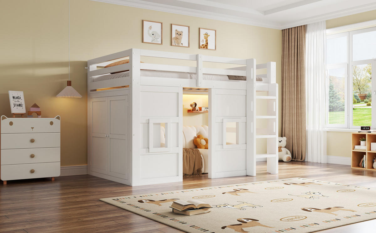 HOCHBETT 90/200 cm in Weiß mit Kleiderschrank, LED und 2 Fenstern - Weiß, Holzwerkstoff (90/200cm) - STILVORA