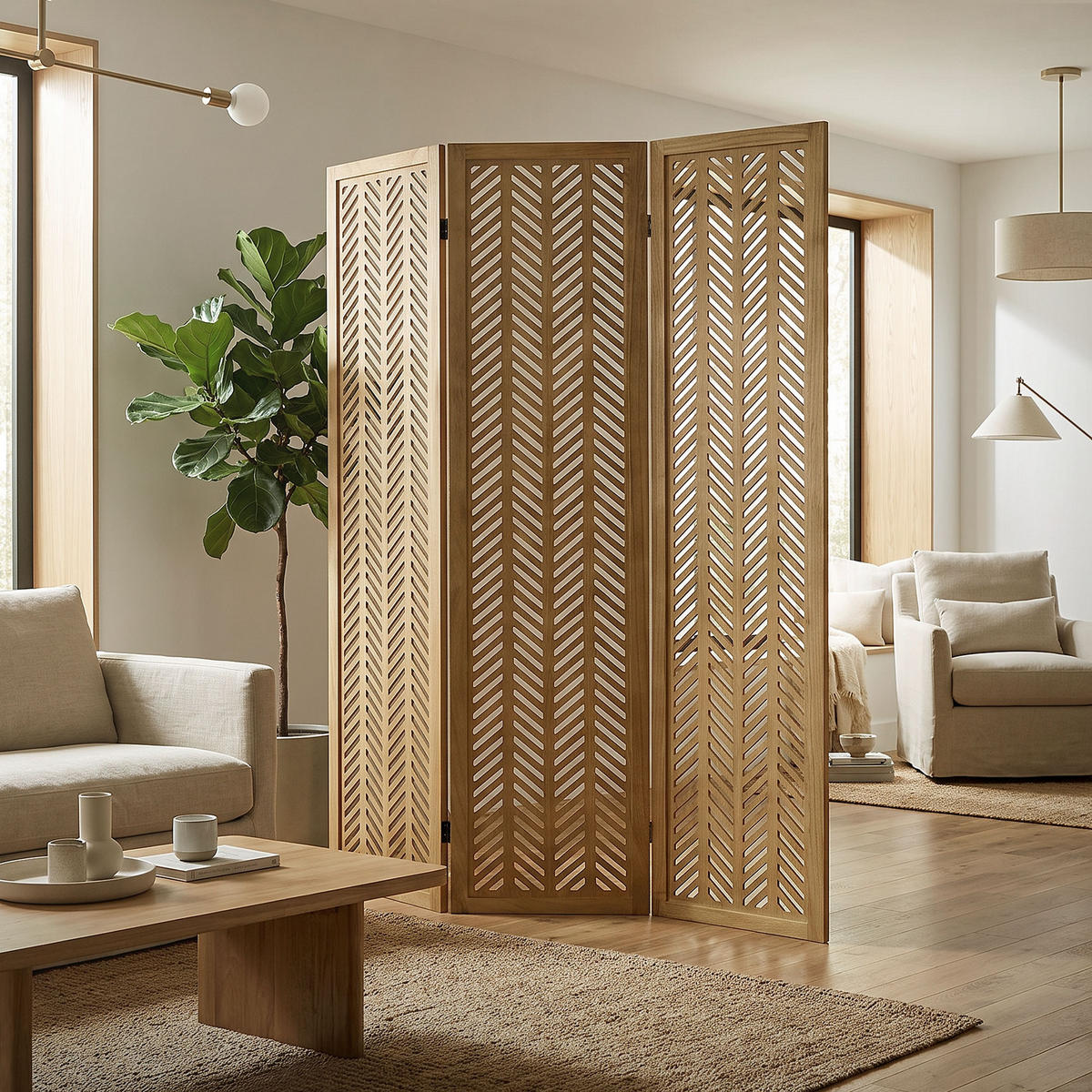 PARAVENT 3dílný Kobe 170 x 121 cm, přírodní, ze dřeva - hnědá, dřevo (121/170/2cm) - ML-DESIGN