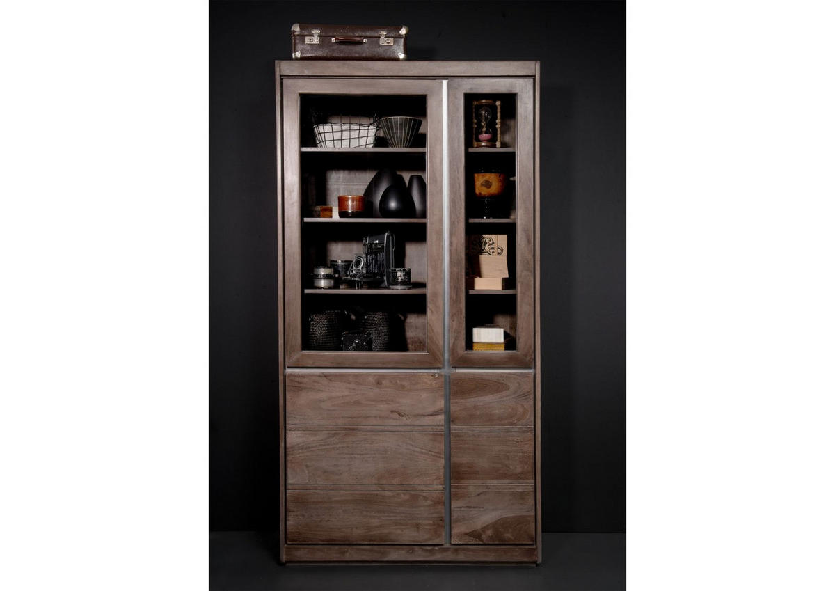VITRINE Sheesham 102x40x205 smoked oak lackiert SYDNEY #201 - Grau, Holz (102/205/40cm) - Massivmoebel24