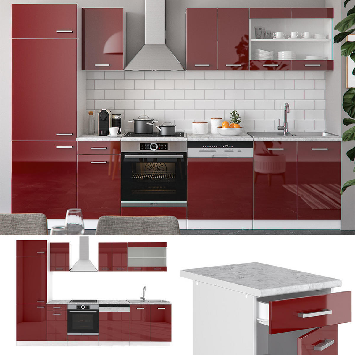 KÜCHENZEILE R-Line Rot Hochglanz/Weiß 300 cm , AP Eiche - Rot/Weiß, Holzwerkstoff (300/81.6/60cm) - Vicco