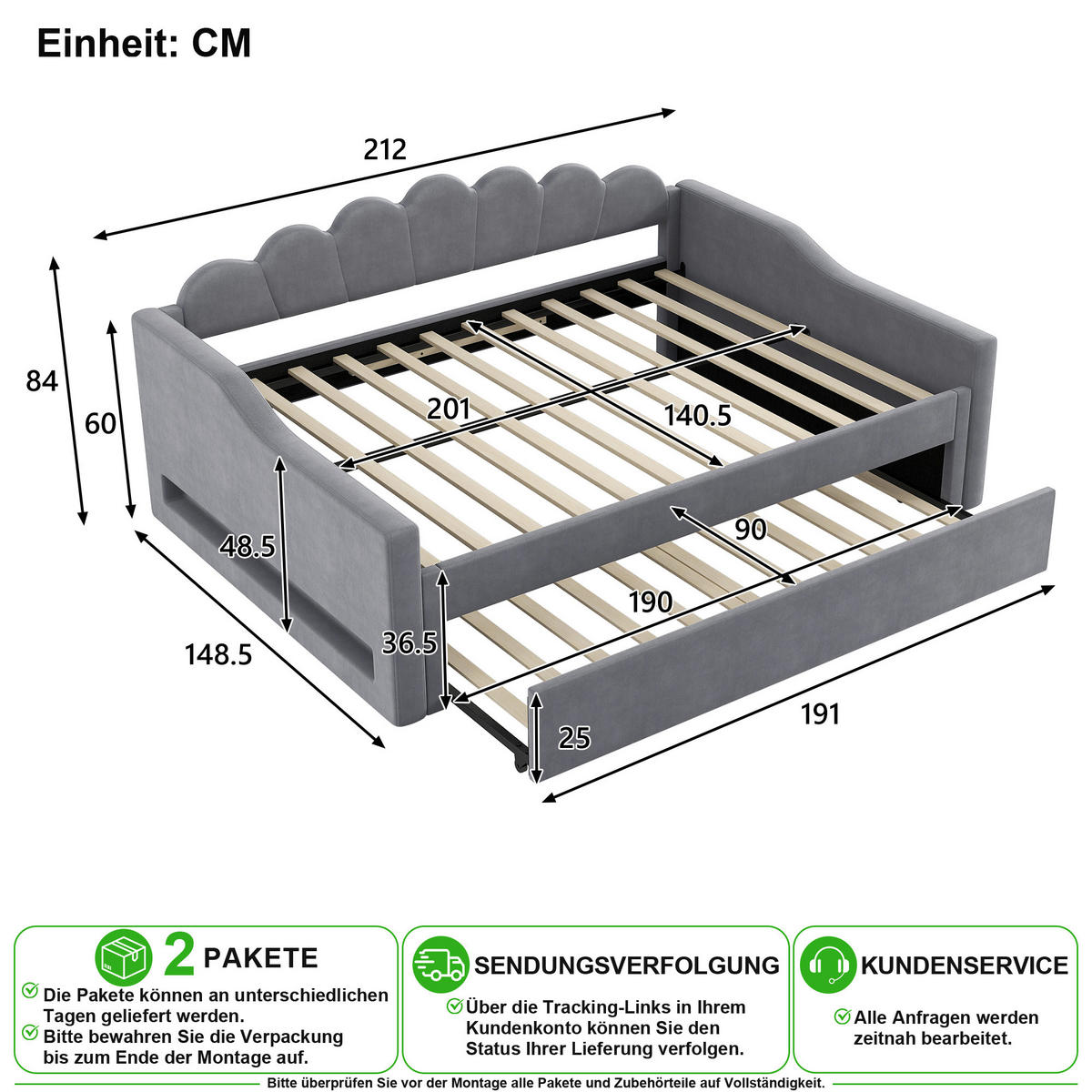 DENNÍ POSTEL 140/200 cm v šedé barvě s výsuvným lůžkem a LED osvětlením - šedá, kov/kompozitní dřevo (140/200cm) - CHICFURN