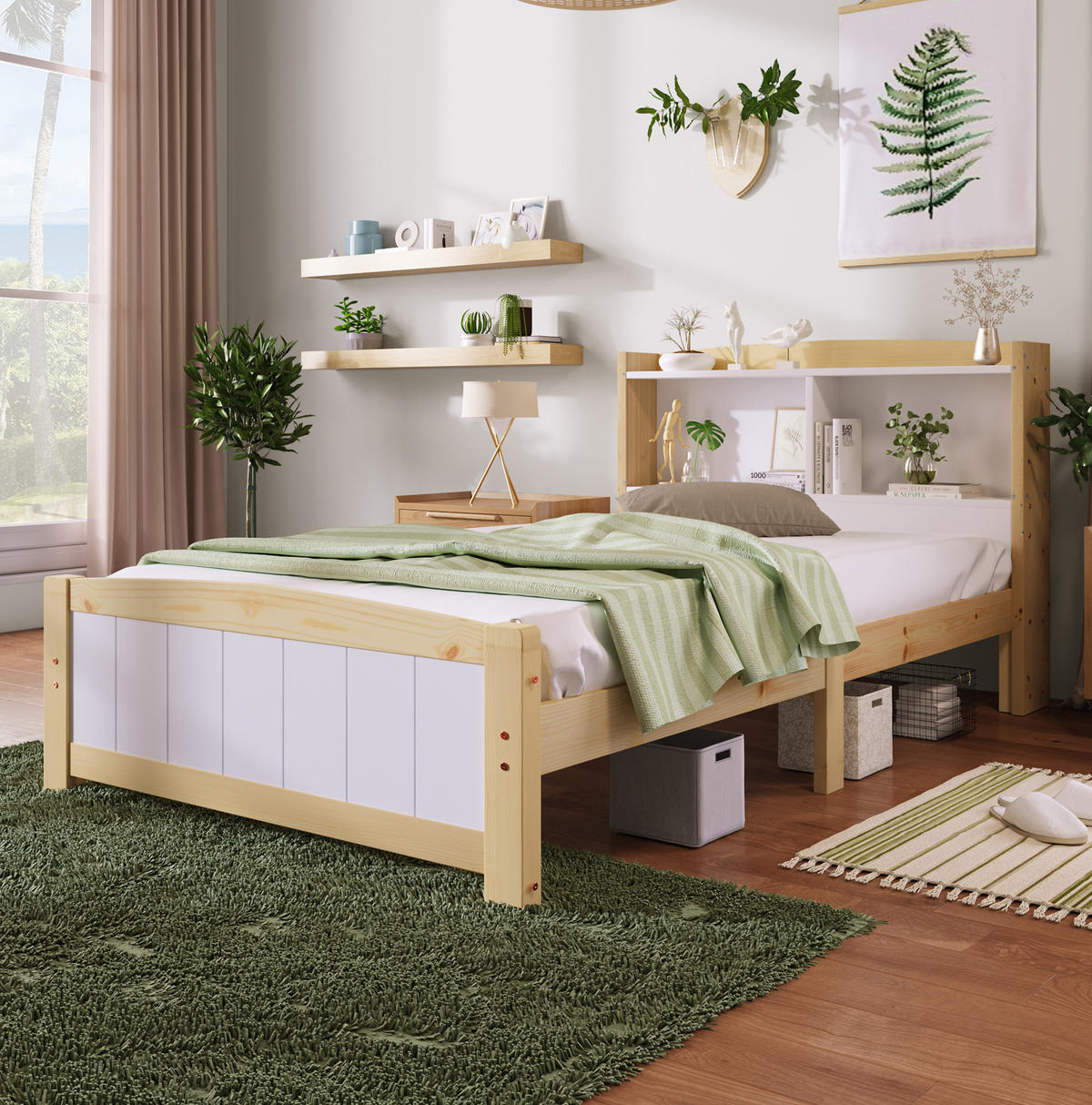 KINDEREINZELBETTEN aus Massivholz 90x200 cm in Weiß mit Stauraum-Kopfteil - Weiß, Holz (90/200cm) - Modfu