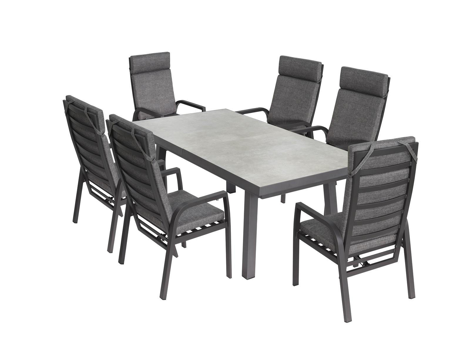 GARTENMÖBEL-SET Georgia 1 Aluminium ausziehbarer Tisch 6x Hochlehner Gartenstühle - Anthrazit/Grau, Kunststoff - Green Spirit