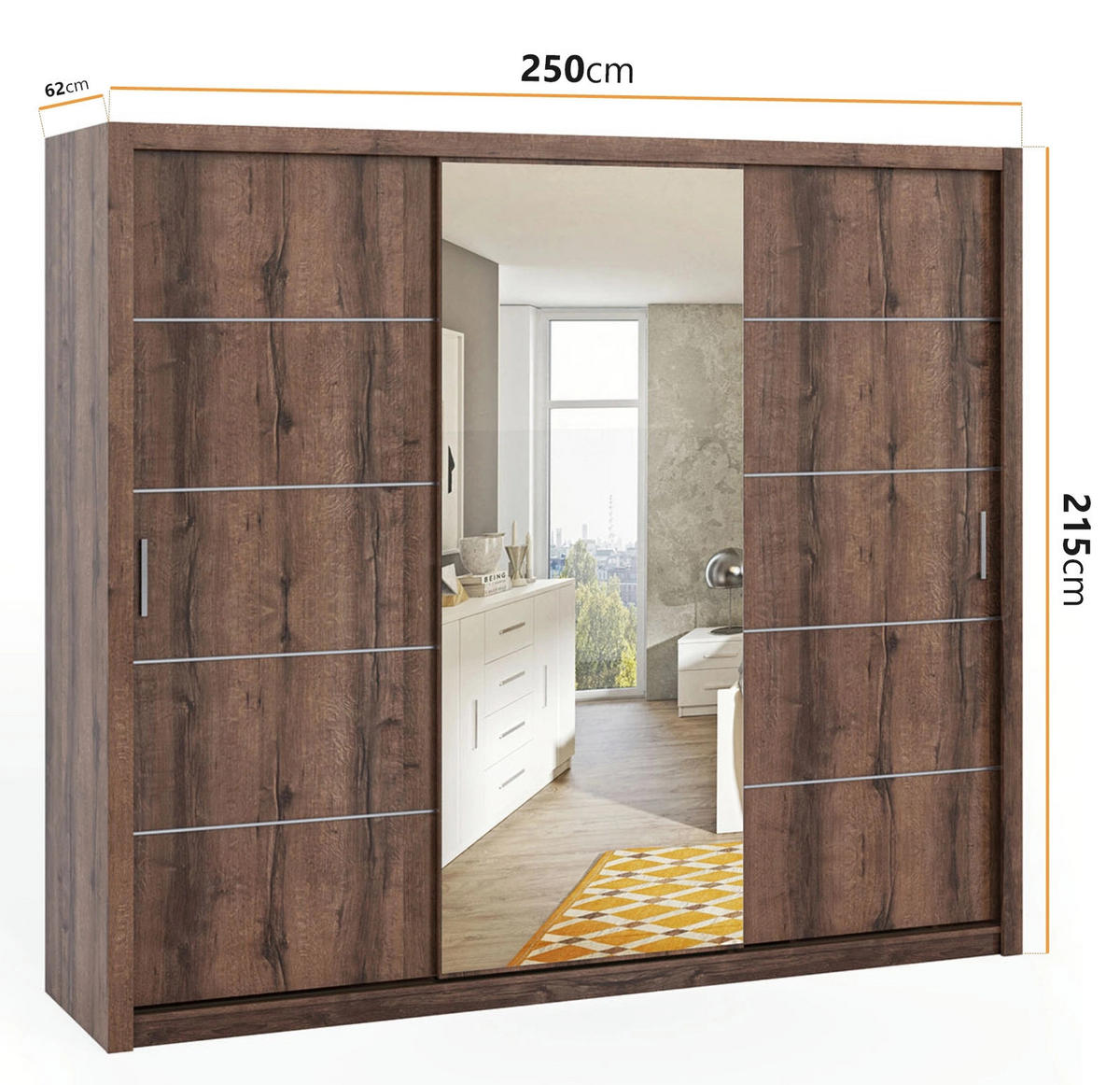 SCHIEBETÜRENSCHRANK Tamiza 250/215/62 3-türig - Silberfarben/Braun, Holzwerkstoff/Kunststoff (250/215/62cm) - Ravio