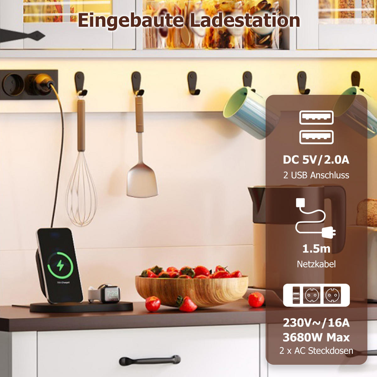 BUFFET 108/40/181 cm Weiß mit Steckdose, LED-Beleuchtung, Arbeitsplatte und 6 Schubladen - Weiß, Holz (108/180/40cm) - Oxeza