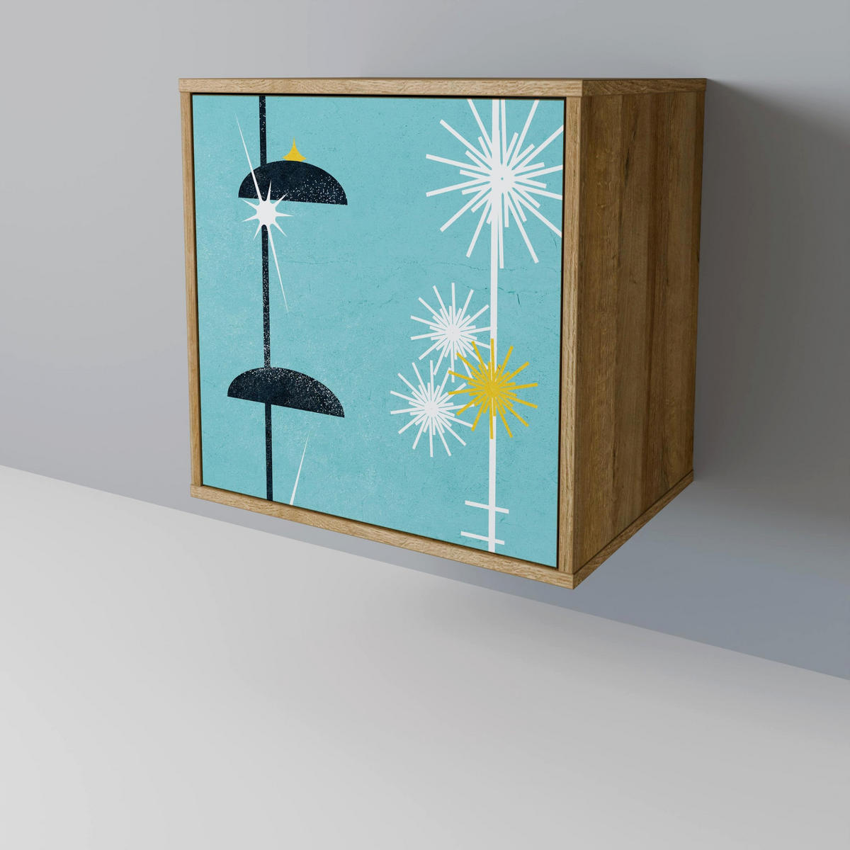 SIDEBOARD PATHS TO HAPPINESS, Eichefarben, 57,5x42x67,5 cm, Schwarze Metall-Rahmenfüße - Eichefarben/Multicolor, Holzwerkstoff/Metall (57.5/67.5/42cm) - SpaceRebels