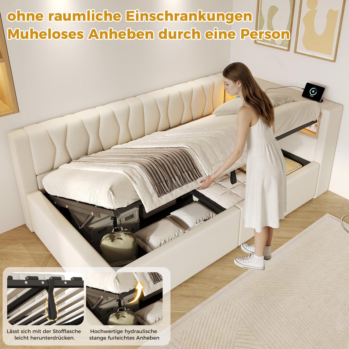 TAGESBETT 90x200cm Schlafsofa Hydraulik LED USB Beige - Beige, Naturmaterialien (90/200cm) - FLIEKS