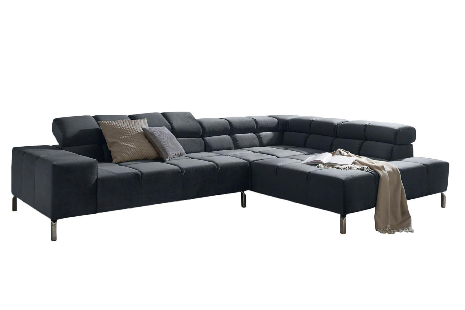 ECKSOFA MIT RELAXFUNKTION NELSON Schwarz Velvet - Silberfarben/Schwarz, Textil (321/116cm) - KAWOLA
