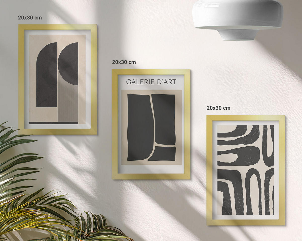 BILDER SET 3er Set - 20x30 cm Goldrahmen - Abstrakte minimalistische Poster - Goldfarben, Kunststoff (20/30cm) - TULUP