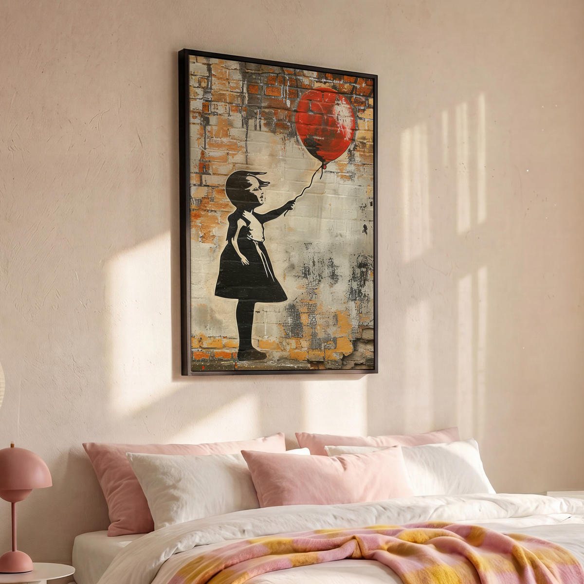 LEINWAND Bilder mit Rahmen - Graffiti - Banksy - Mädchen - Straßenkunst - 90x140 - Sandfarben, Textil (90/140cm) - MuchoWow
