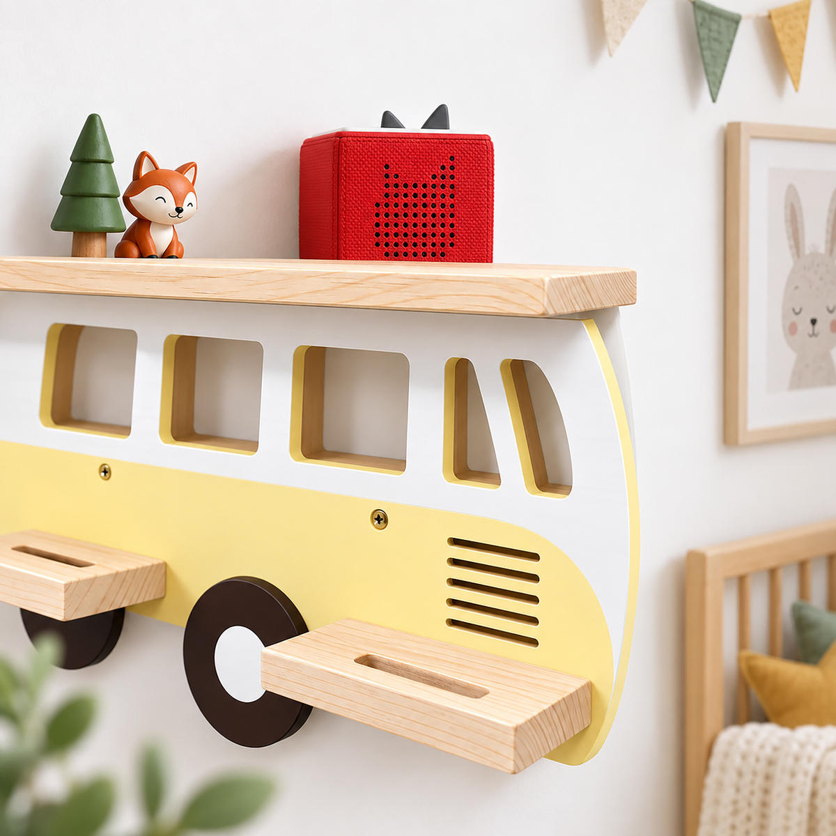 WANDREGAL Gelb Busform für 25 Hörfiguren - Gelb, Holz (62/32/13cm) - Relaxdays