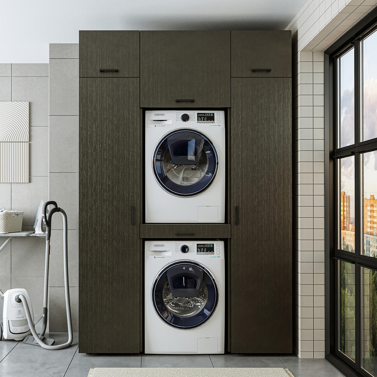 WASCHMASCHINENSCHRANK DUO-I 157cm Breit, 240cm Hoch - Schwarz, Holzwerkstoff (157/240/67cm)